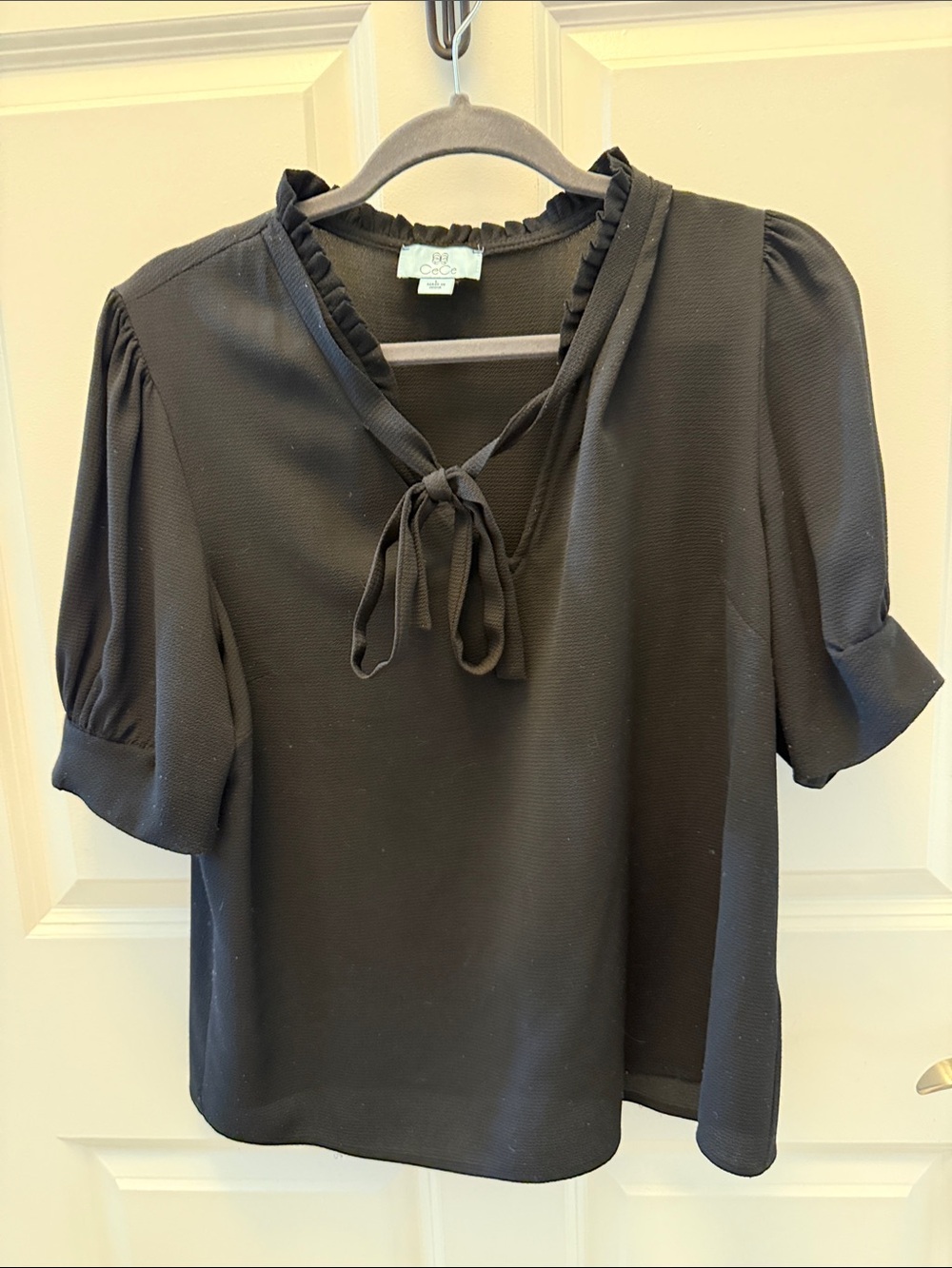 CeCe Black Ruffle Tie-Neck Blouse